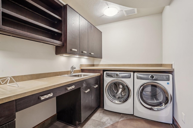 laundry room featuring visible vents, separate washer and dryer, a sink, and cabinet space