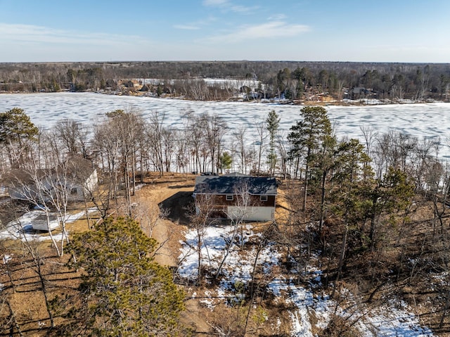 snowy aerial view featuring a view of trees