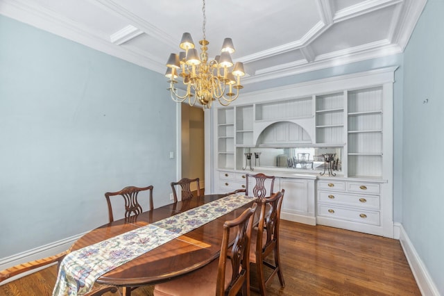 dining area with coffered ceiling, baseboards, dark wood finished floors, and crown molding