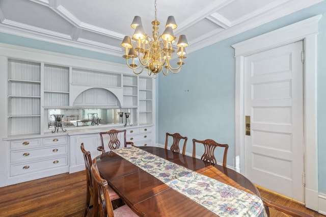 dining space with baseboards, coffered ceiling, dark wood-style floors, crown molding, and a chandelier