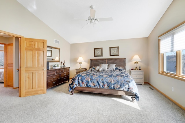 bedroom featuring a ceiling fan, carpet flooring, visible vents, and baseboards