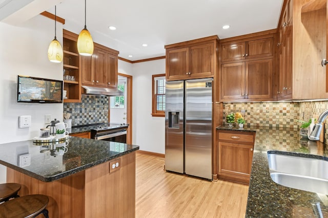 5824 10th Ave S, Minneapolis, MN 55417 - kitchen featuring stainless steel appliances, a sink, under cabinet range hood, light wood-type flooring, and backsplash