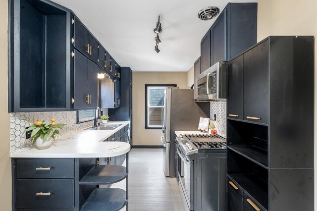 1610 Hennepin Ave N, Glencoe, MN 55336 - kitchen featuring stainless steel appliances, light countertops, a sink, light wood-type flooring, and tasteful backsplash