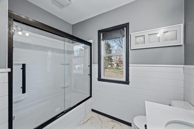 1610 Hennepin Ave N, Glencoe, MN 55336 - bathroom featuring marble finish floor, enclosed tub / shower combo, visible vents, toilet, and vanity