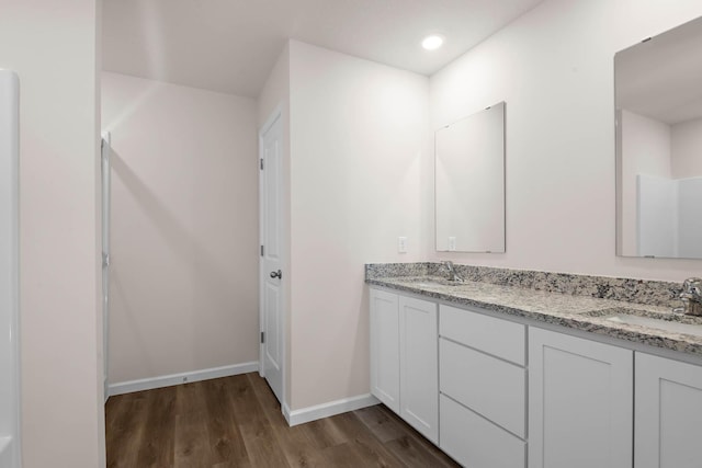 bathroom with a sink, baseboards, wood finished floors, and double vanity