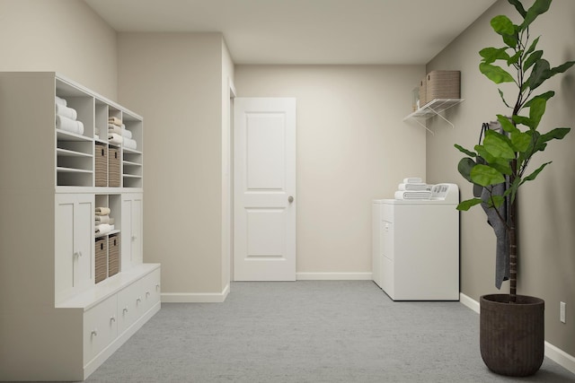 laundry area featuring carpet flooring, baseboards, washing machine and dryer, and laundry area