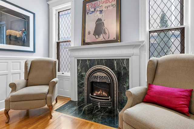 sitting room with wood finished floors and a premium fireplace