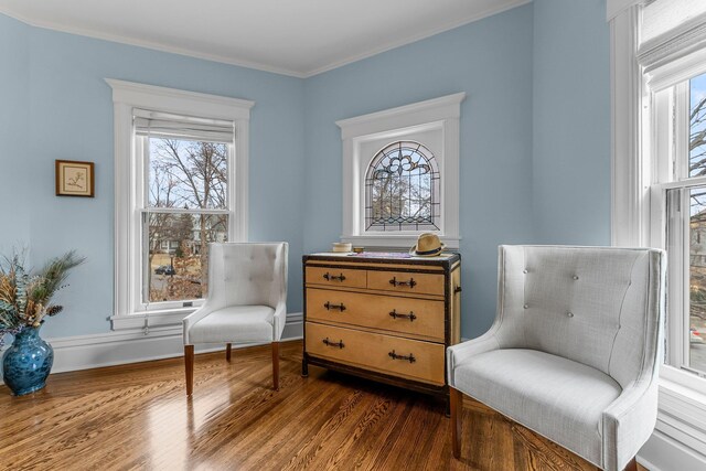 sitting room featuring dark wood-type flooring, crown molding, and baseboards