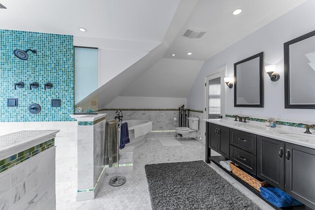 full bath with visible vents, a walk in shower, a soaking tub, tile walls, and a sink