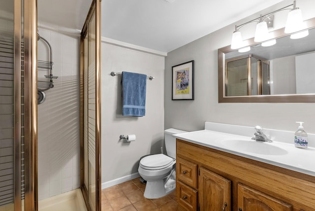 bathroom with vanity, tile patterned floors, toilet, and a stall shower