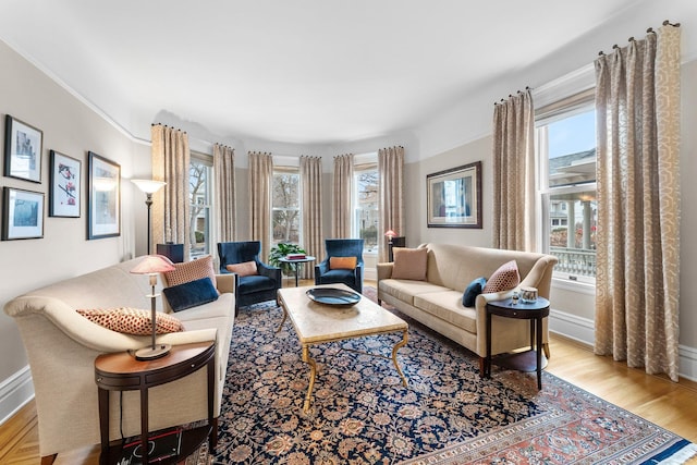 living room featuring wood finished floors and baseboards