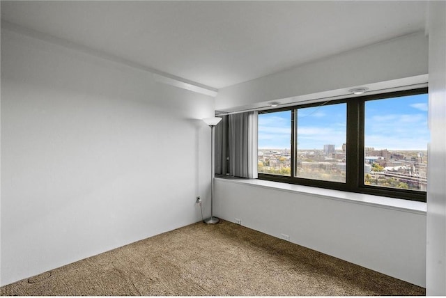 empty room with carpet floors and a city view