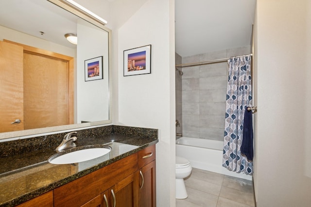 full bath featuring toilet, shower / tub combo, tile patterned flooring, and vanity