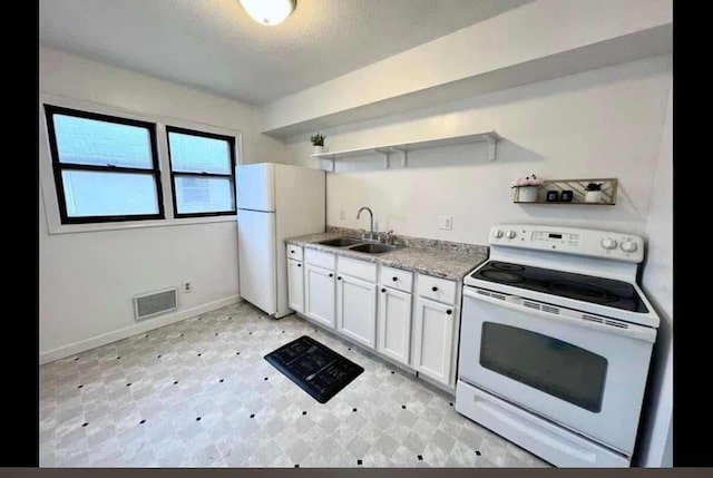 kitchen featuring white appliances, a sink, visible vents, white cabinets, and light floors