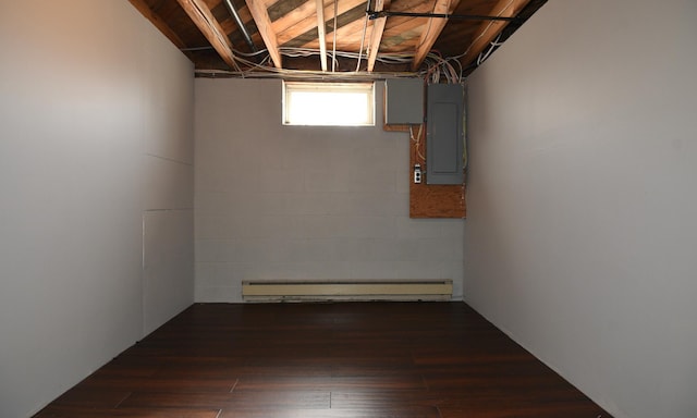 below grade area with electric panel, wood finished floors, and a baseboard radiator