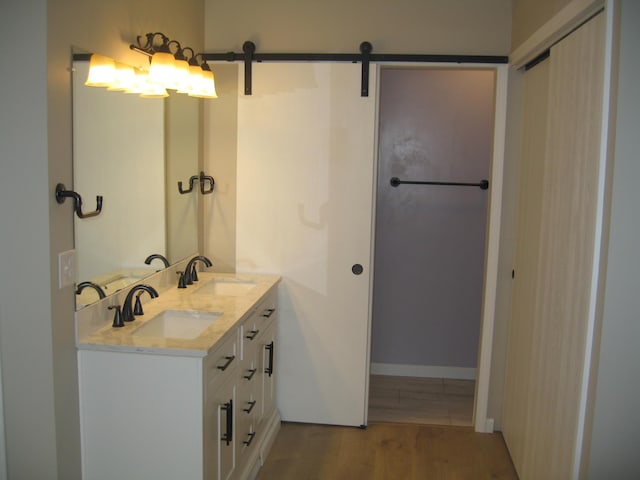 bathroom featuring double vanity, a sink, and wood finished floors