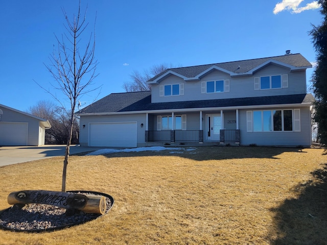 view of front of home with a porch, a garage, concrete driveway, roof with shingles, and a front lawn