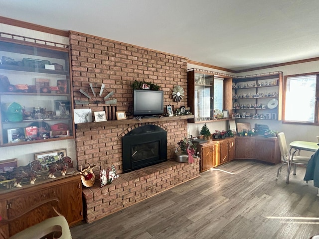 living area with crown molding, a fireplace, and wood finished floors