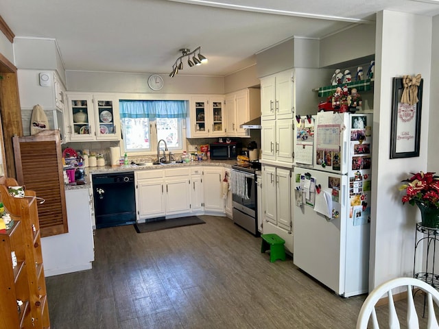 kitchen with dark wood-style floors, white cabinets, a sink, ventilation hood, and black appliances