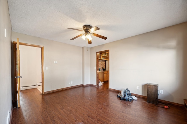 unfurnished room featuring a textured ceiling, wood finished floors, a ceiling fan, baseboards, and baseboard heating