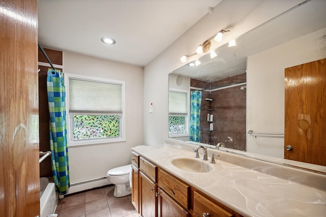 bathroom with toilet, shower / tub combo, vanity, baseboard heating, and tile patterned floors