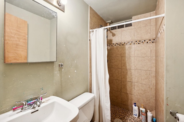 bathroom with a sink, a shower stall, and toilet