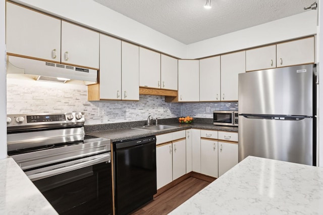 kitchen with a sink, under cabinet range hood, a textured ceiling, appliances with stainless steel finishes, and tasteful backsplash