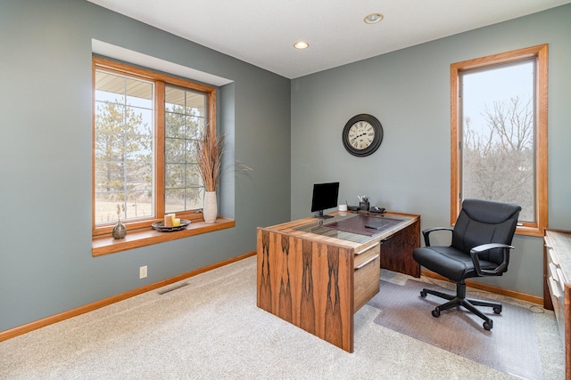 office space with carpet floors, baseboards, visible vents, and recessed lighting