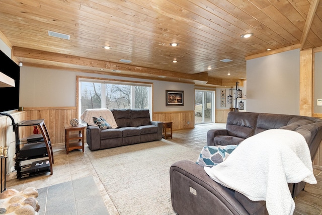 living area featuring recessed lighting, wood walls, wood ceiling, and wainscoting