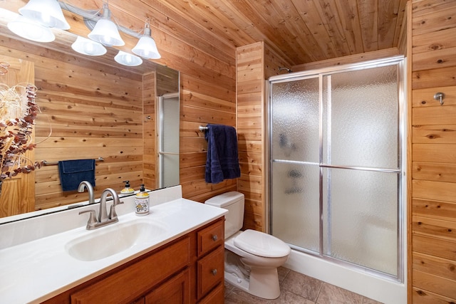 full bath featuring wooden ceiling, tile patterned flooring, toilet, and a shower stall