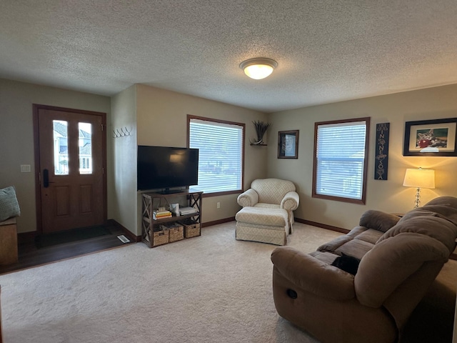 carpeted living area featuring baseboards and a textured ceiling