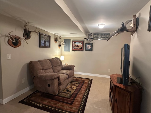 living room with electric panel and baseboards