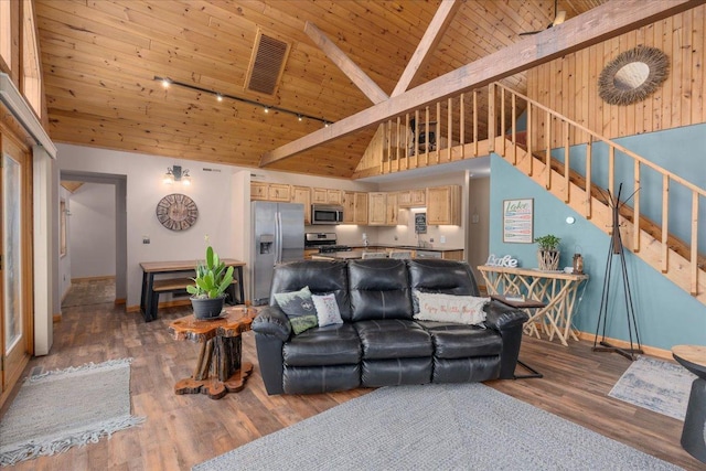 living room with wood finished floors, wood ceiling, visible vents, stairway, and rail lighting