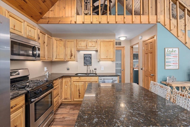 kitchen with appliances with stainless steel finishes, dark wood-style flooring, a sink, and light brown cabinetry