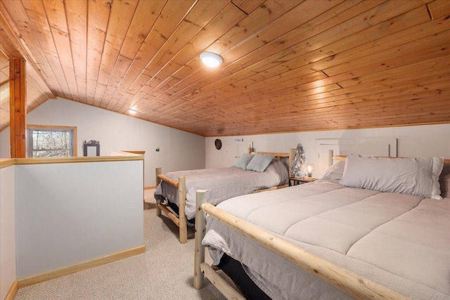 carpeted bedroom with vaulted ceiling, wooden ceiling, and baseboards