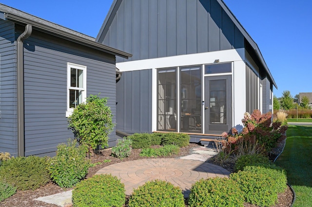 exterior space with board and batten siding