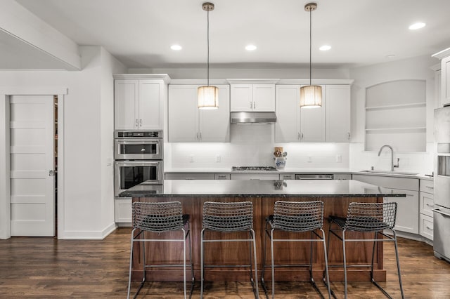 kitchen with tasteful backsplash, dark wood-type flooring, stainless steel appliances, under cabinet range hood, and a sink