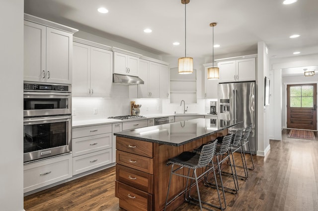 kitchen with a breakfast bar area, appliances with stainless steel finishes, a sink, under cabinet range hood, and backsplash