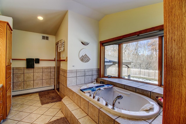 bathroom with visible vents, lofted ceiling, a baseboard radiator, a whirlpool tub, and tile patterned flooring