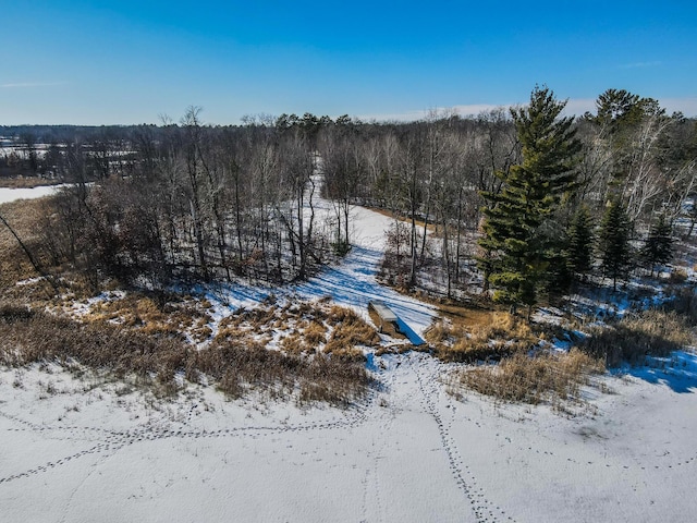 snowy aerial view featuring a view of trees