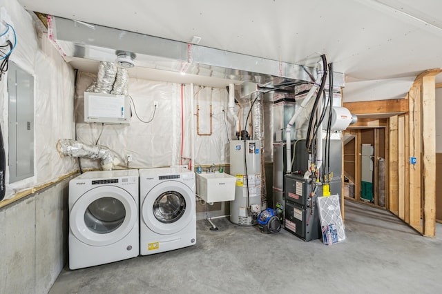 unfinished below grade area with a sink, water heater, electric panel, heating unit, and washing machine and clothes dryer