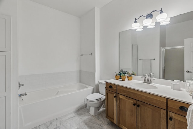 270 4th St E Unit 401, Saint Paul, MN 55101 - full bath featuring a bath, vanity, a stall shower, toilet, and marble finish floors