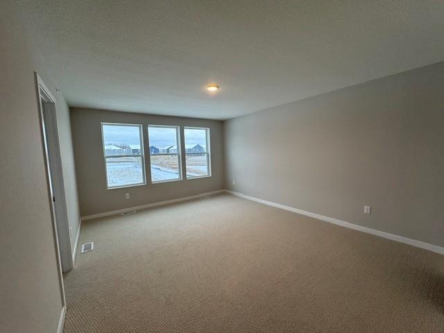 spare room featuring light carpet, visible vents, baseboards, and a textured ceiling