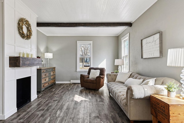 living area with beam ceiling, plenty of natural light, a fireplace, and dark wood-style flooring