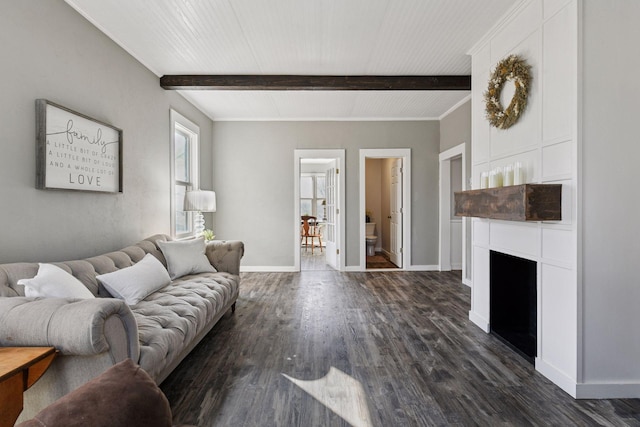 living area featuring dark wood finished floors, beam ceiling, a fireplace, and baseboards