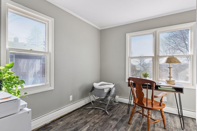 home office featuring wood finished floors, baseboards, and ornamental molding