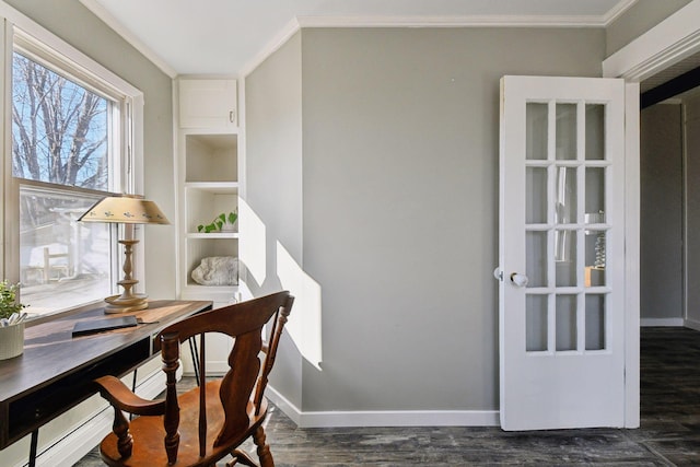 office space featuring crown molding, dark wood-style floors, and baseboards