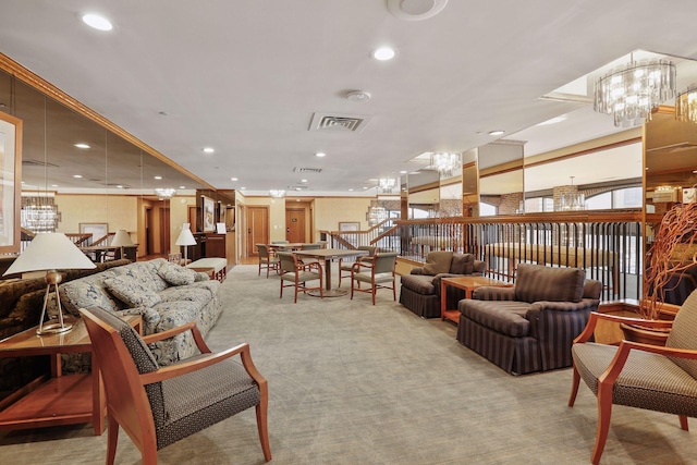 living area with carpet floors, an inviting chandelier, visible vents, and recessed lighting