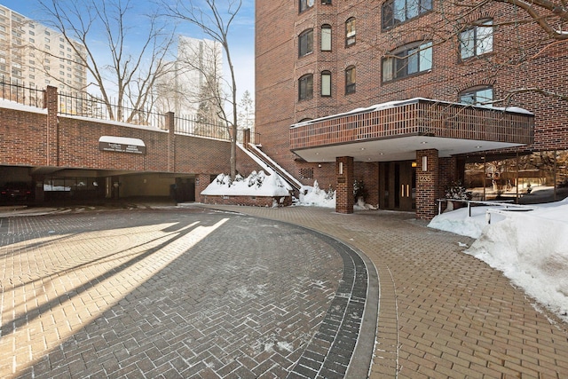 view of snow covered property