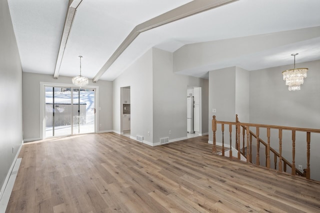 unfurnished room featuring vaulted ceiling with beams, baseboards, light wood finished floors, and a chandelier